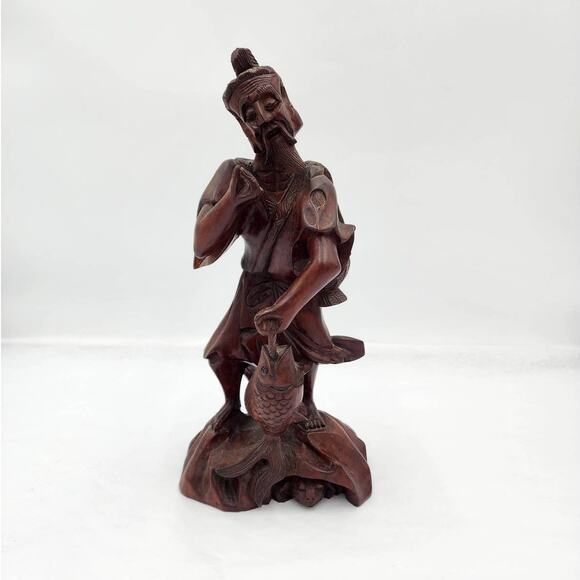 Vintage Asian Chinese Fisherman Hand Carved Wooden Sculpture Sage Elder Fish 12" - Picture 16 of 16